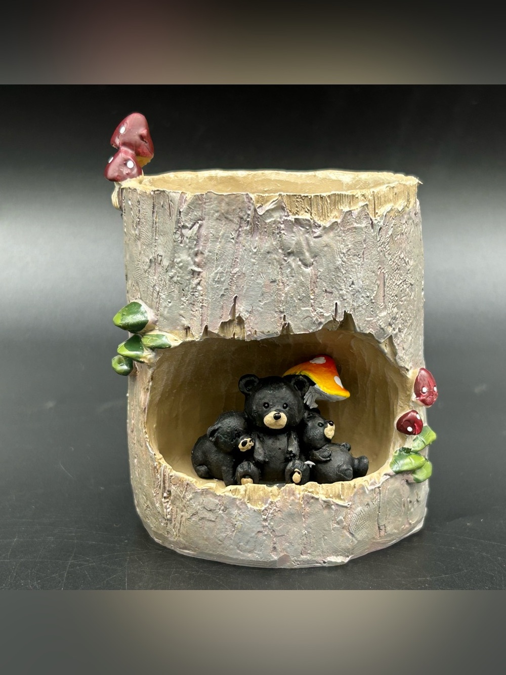 Woodland Bear Family Tree Stump Planter Resin Succulent Pot Mushroom Decor